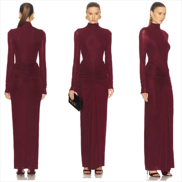 Ronny Kobo scorpio mock neck  ruched mesh jersey  burgundy maxi dress - Picture 4 of 13